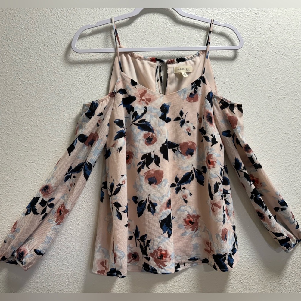 Monteau Floral Cold Shoulder  Blouse Tie Keyhole Back Stretch Lined Small